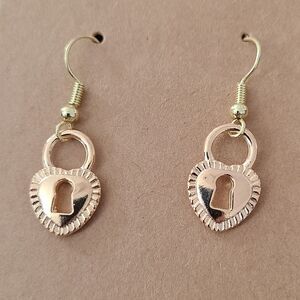 New Handcrafted Heart Lock Dangle Earrings on 14K Gold Plated Hooks